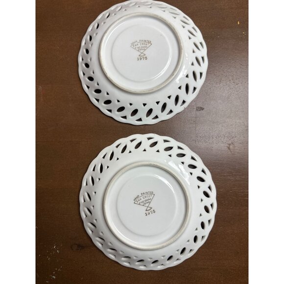 Fruit Motif Fan Crest Lusterware Saucer Trinket Dish Iridescent Set of 2 Vintage - Picture 3 of 11